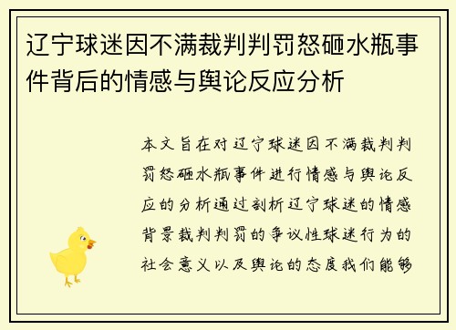 辽宁球迷因不满裁判判罚怒砸水瓶事件背后的情感与舆论反应分析